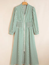 Stripe V Neck Zip Front Cinched High Waist Midi Dress